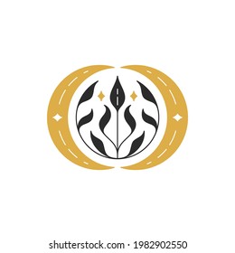 Branch with leaves and moon crescent silhouette vector illustration. Boho style drawing for wall art poster print template. Mystic concept design.
