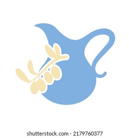 A branch with leaves and olives and a ceramic jug with oil or wine. Vector isolated icon in ancient style.