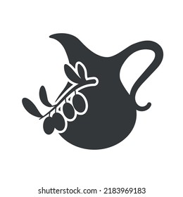 A branch with leaves and olives and a ceramic jug with oil or wine. Vector isolated black icon in ancient style.