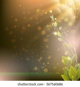 branch with leaves on an abstract background with rays and spots. vector
