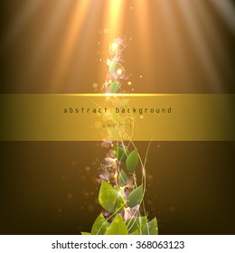 branch with leaves on an abstract background with rays and spots. flowers and leaves reach upward. flower branch on a orange background.  vector
