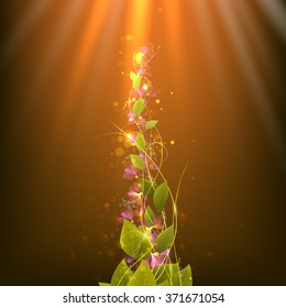 branch with leaves on an abstract background with rays and spots. flowers and leaves reach upward. flower branch on a orange background.  vector