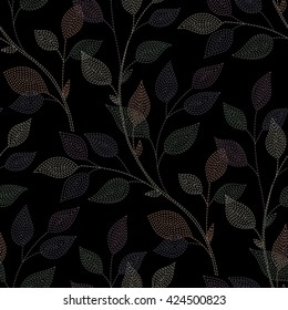 Branch with leaves on black background. seamless pattern for your design
