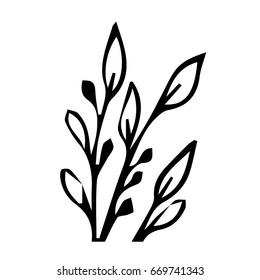 Branch with leaves on white background vector illustration. Doodle style. Design icon, print, logo, poster, symbol, decor, textile, paper, card. 