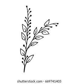 Branch with leaves on white background vector illustration. Doodle style. Design icon, print, logo, poster, symbol, decor, textile, paper, card. 