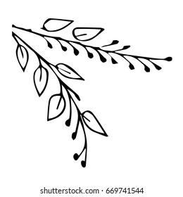 Branch with leaves on white background vector illustration. Doodle style. Design icon, print, logo, poster, symbol, decor, textile, paper, card. 
