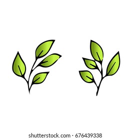 Branch with leaves on white background vector illustration. Doodle style. Design icon, print, logo, poster, symbol, decor, textile, paper, card. 