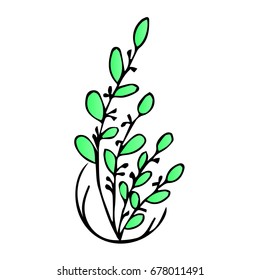 Branch with leaves on white background vector illustration. Doodle style. Design icon, print, logo, poster, symbol, decor, textile, paper, card. 