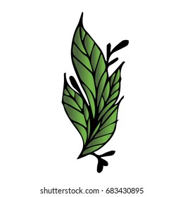 Branch with leaves on white background vector illustration. Doodle style. Design icon, print, logo, poster, symbol, decor, textile, paper, card. 
