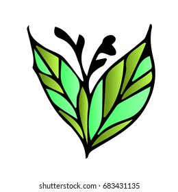 Branch with leaves on white background vector illustration. Doodle style. Design icon, print, logo, poster, symbol, decor, textile, paper, card. 