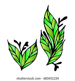 Branch with leaves on white background  illustration. Doodle style. Design icon, print, logo, poster, symbol, decor, textile, paper, card. 