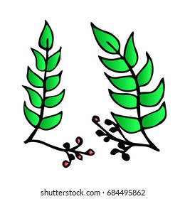 Branch with leaves on white background vector illustration.  Doodle style. Design icon, print, logo, poster, symbol, decor, textile, paper, card. 