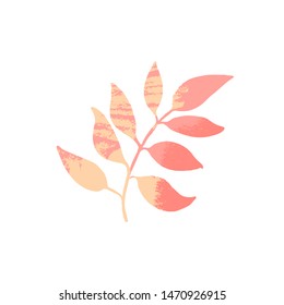 Branch with leaves, pastel pink design element for natural and beauty products. Hand painted texture.