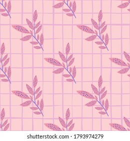 Verzweigung hinterlässt nahtloses Doppel-Muster. Blumensilhouetten und Hintergrund mit Check-in rosa Farbpalette. Gut geeignet für Tapeten, Textilien, Wickelpapier, Stoffdruck. Vektorgrafik.
