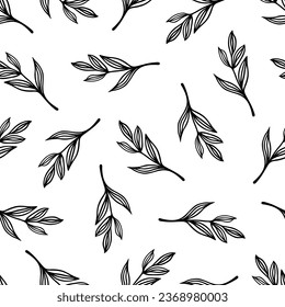 A branch with leaves seamless vector pattern. Twigs of a forest or garden tree. Fresh field plant, meadow herb. Hand drawn botanical doodle. Floral black and white background for posters, print, web