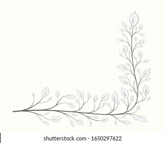 A branch with leaves in the shape of a corner in a gray tone on a notebook sheet isolated on a light background