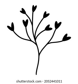 Branch with leaves in the shape of hearts vector icon. Hand-drawn illustration. Sprout silhouette. Plant sketch. Monochrome natural concept for decoration and design of cards, printing, textiles.