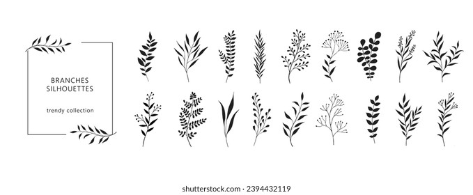 Branch and leaves silhouettes for logo or tattoo. Elegant herbs for wedding design, invitation design, for print, cover or wallpaper.