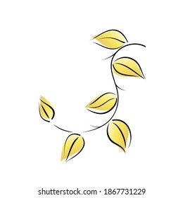 Branch with leaves. Simple contour lines and gradient gold leaf shapes. Scandinavian minimalist pattern of natural elements. For use in your designs