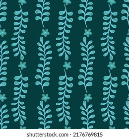Branch with leaves and small flower detail. drawn by hand. isolated on a darkgreen background. Pattern design for Fabric, paper, cover, wrapping paper, interior.