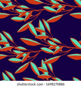 branch leaves three colors botanical illustration floristry seamless vector pattern on a blue background for textiles and surface