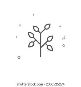 Branch with leaves tree simple vector line icon. Grey sign isolated on white background. Editable stroke. Adjust line weight.