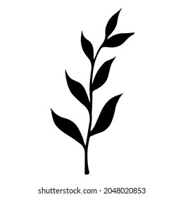 Branch with leaves vector icon. Hand-drawn illustration. Silhouette of twigs with foliage. Botanical sketch. Monochrome concept for decoration and design of cards, invitations, textiles, stationery.