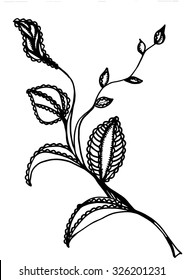Zweig mit Blättern.spring.doodling.Zentangle Blumenmuster. Farbige Buchseite für Erwachsene, Freude zu bestellen Kinder und Erwachsene Farbige. Tintenstift. Schwarz-weißer Hintergrund. Tintenstift