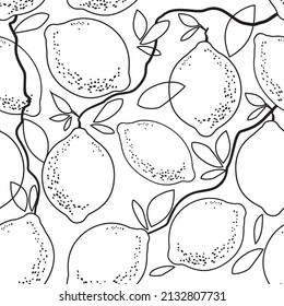 A branch of a lemon tree with lemons and leaves. Seamless pattern, background. Contour vector illustration.