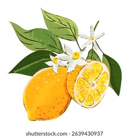 Branch with lemons and lemon flowers. Citrus tropical fruits isolated on white background. Vector watercolor hand drawn illustration. Vintage print design element