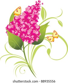 Branch of lilac and butterflies. Vector