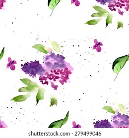 Branch lilac watercolor painted hands with green leaves