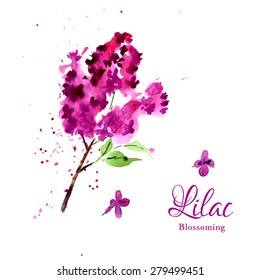 Branch lilac watercolor painted hands with green leaves