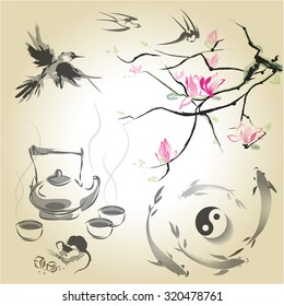 The branch of magnolia in the traditional Japanese style of sumi-e, tea ceremony and swallows, Japanese carp and yin yang.