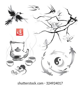 The branch of magnolia in the traditional Japanese style of sumi-e, tea ceremony and swallows, Japanese carp and yin yang. Vector illustration. Hieroglyph "way".