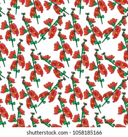 branch of mallow with red blossoming flowers, seamless pattern isolated on white background