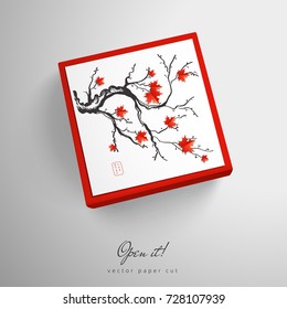 Branch of maple with leaves. Cubic vector box with paper cut art. Open it.