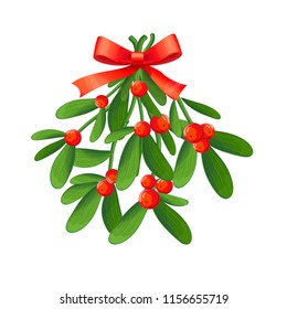 Branch of mistletoe with berries and red bow. A bouquet of Christmas.