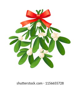 Branch of mistletoe with berries and red bow. A bouquet of Christmas.