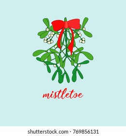 Branch of mistletoe with berries and red bow. A bouquet of Christmas.