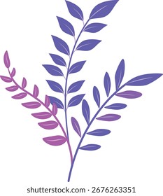 Branch com múltiplas folhas roxas, ilustração botânica estilizada ideal para convites de casamento ou projetos ecológicos.
