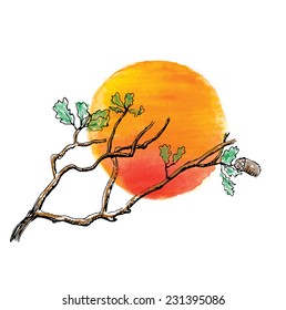 Branch of  oak tree against the sun, vector illustration