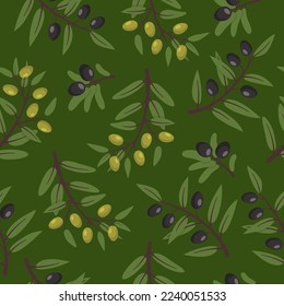 Branch of olive with green leaves seamless pattern. Natural vegetable oil. Healthy food. Italy plant. Vector flat illustration isolated on green background