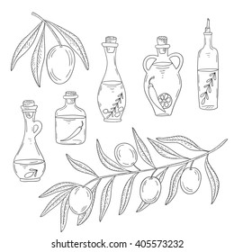 Branch of olive tree with olives and bottle of oil isolated on white background