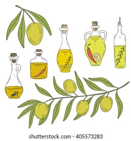Branch of olive tree with olives and bottle of oil isolated on white background