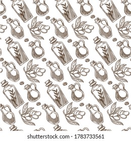Branch of olives with foliage and berries seamless pattern, oil in bottle. Skin and hair care, plant used in cosmetics or cooking dishes. Natural component. Monochrome sketch outline, vector in flat