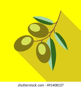 Branch with olives icon in flat style with long shadow. Food symbol vector illustration