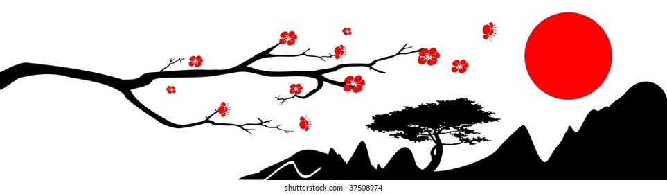 The branch of oriental cherry, mountains and red sun on white background