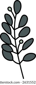 A branch with oval leaves drawn in a bold outline style. The leaves are arranged symmetrically along the stem. Cartoon vector illustration.