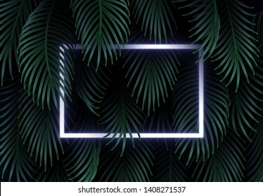 Branch palm realistic. Leaves and branches of palm trees. Tropical leaf background. Green foliage, tropic leaves pattern. light neon frame, border for text. Vector Banner, poster, website header